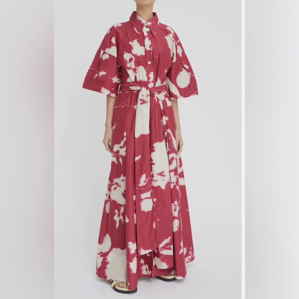 Lee Mathews Red and Cream Maxi Dress